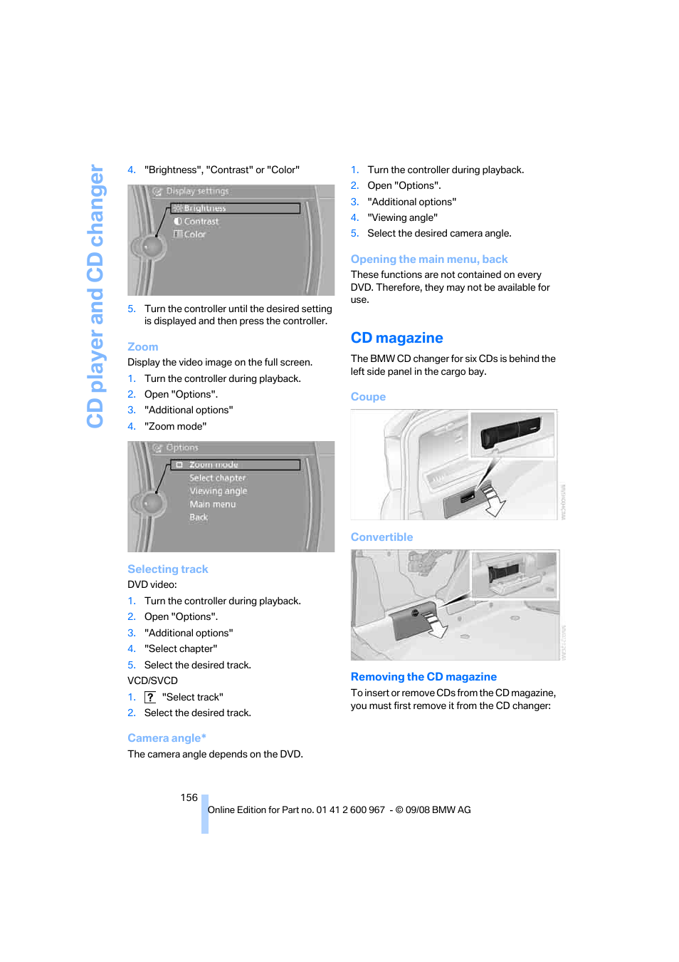 Cd magazine, Cd player and cd changer | BMW 335i Convertible 2009 User Manual | Page 158 / 260