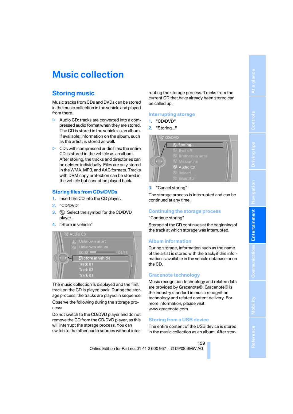 Music collection, Storing music | BMW 335i Convertible 2009 User Manual | Page 161 / 260