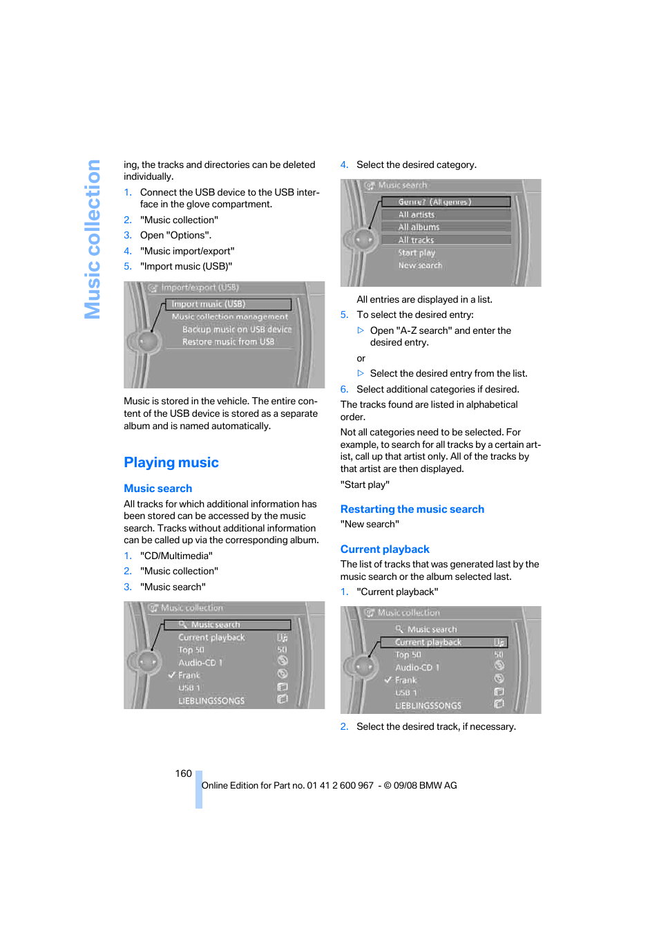 Playing music, Music collection | BMW 335i Convertible 2009 User Manual | Page 162 / 260