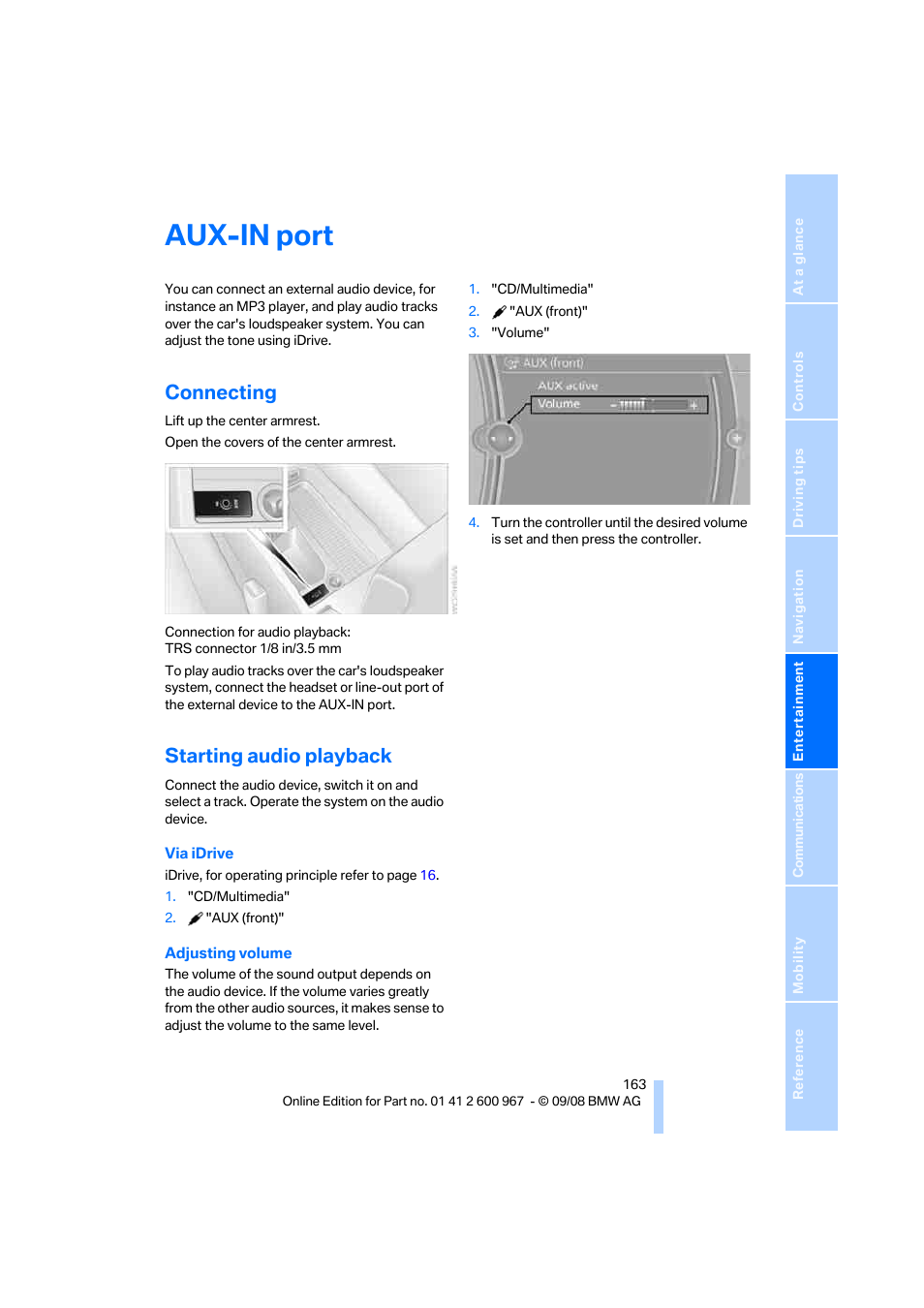 Aux-in port, Connecting, Starting audio playback | BMW 335i Convertible 2009 User Manual | Page 165 / 260