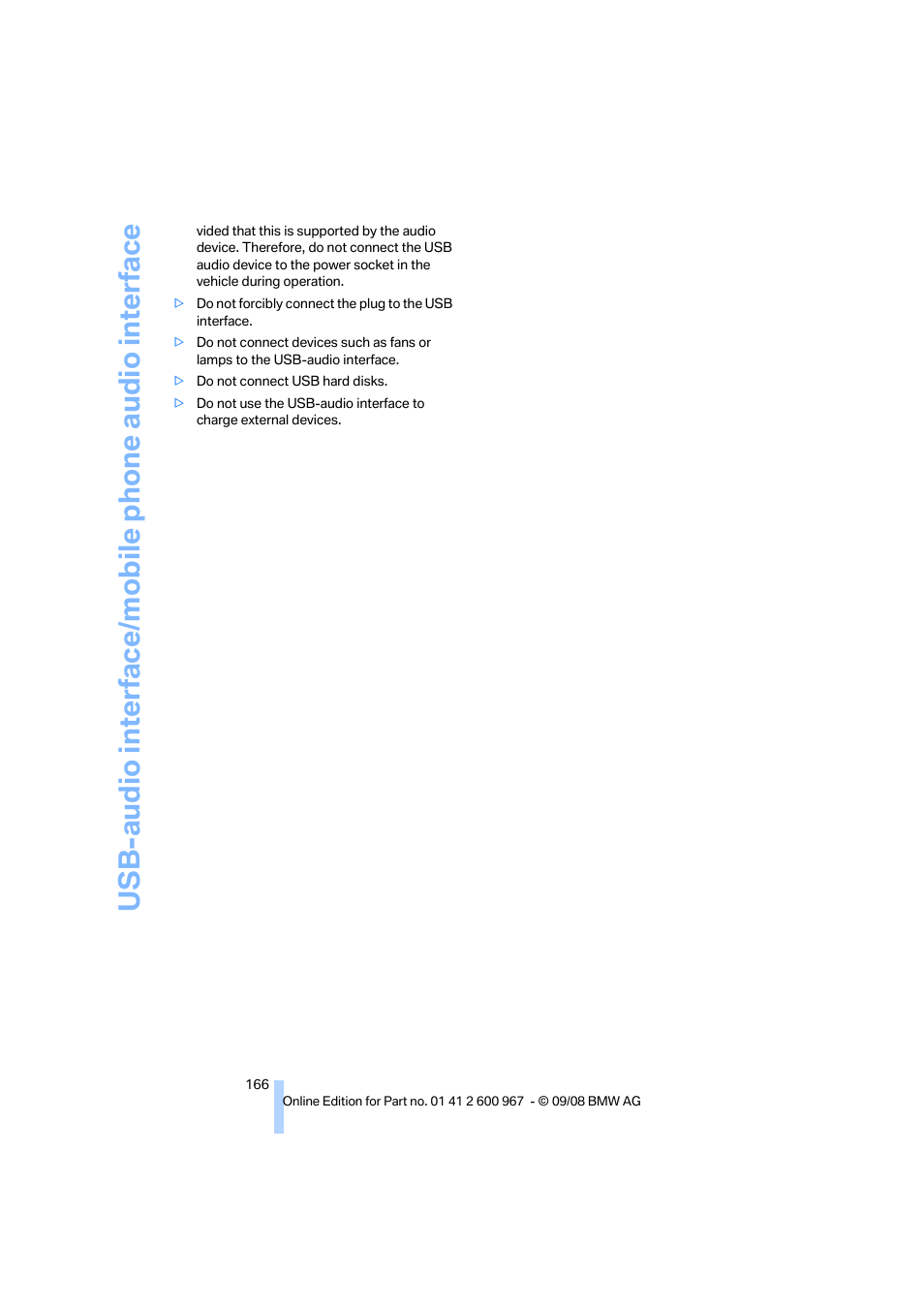 Usb-audio interface/mobile phone audio interface | BMW 335i Convertible 2009 User Manual | Page 168 / 260