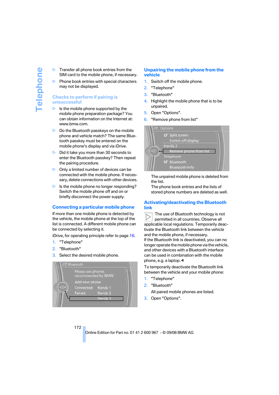 Te lephone | BMW 335i Convertible 2009 User Manual | Page 174 / 260