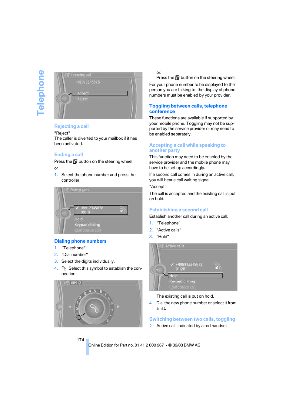 Te lephone | BMW 335i Convertible 2009 User Manual | Page 176 / 260