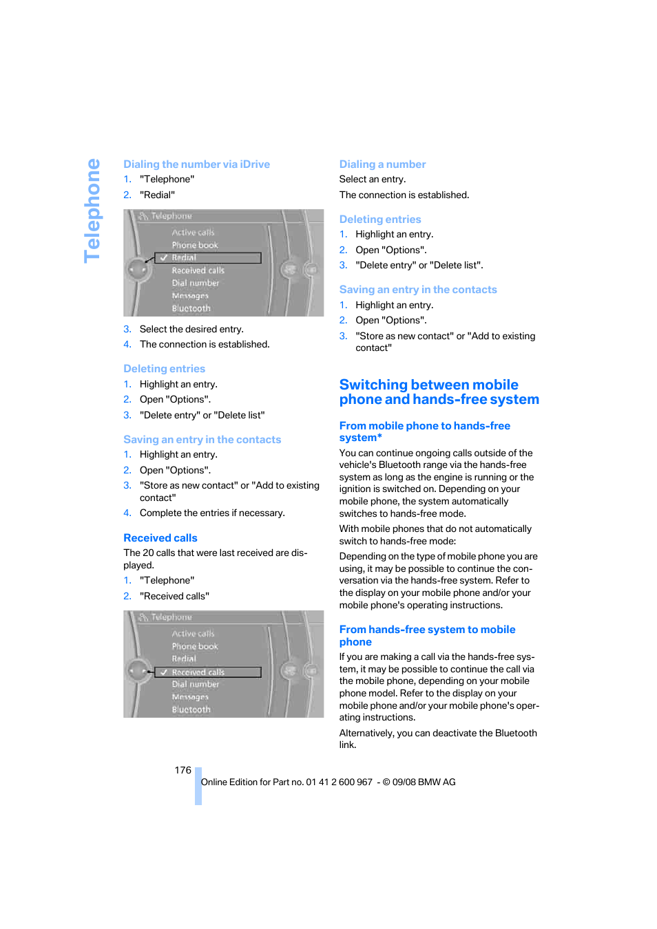 Te lephone | BMW 335i Convertible 2009 User Manual | Page 178 / 260