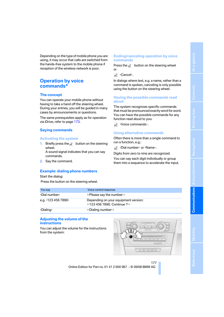 Operation by voice commands | BMW 335i Convertible 2009 User Manual | Page 179 / 260