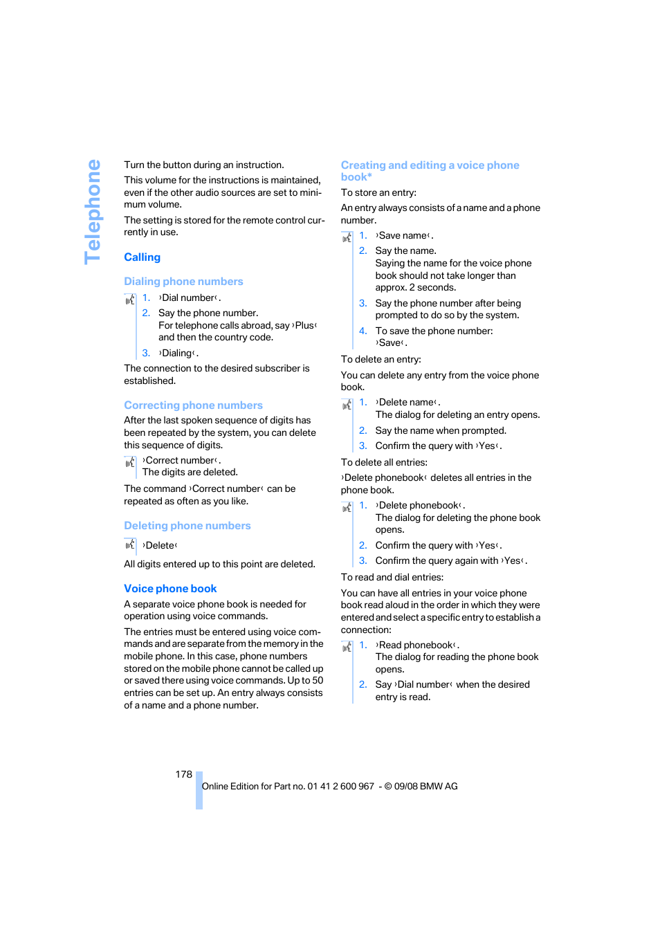 Te lephone | BMW 335i Convertible 2009 User Manual | Page 180 / 260