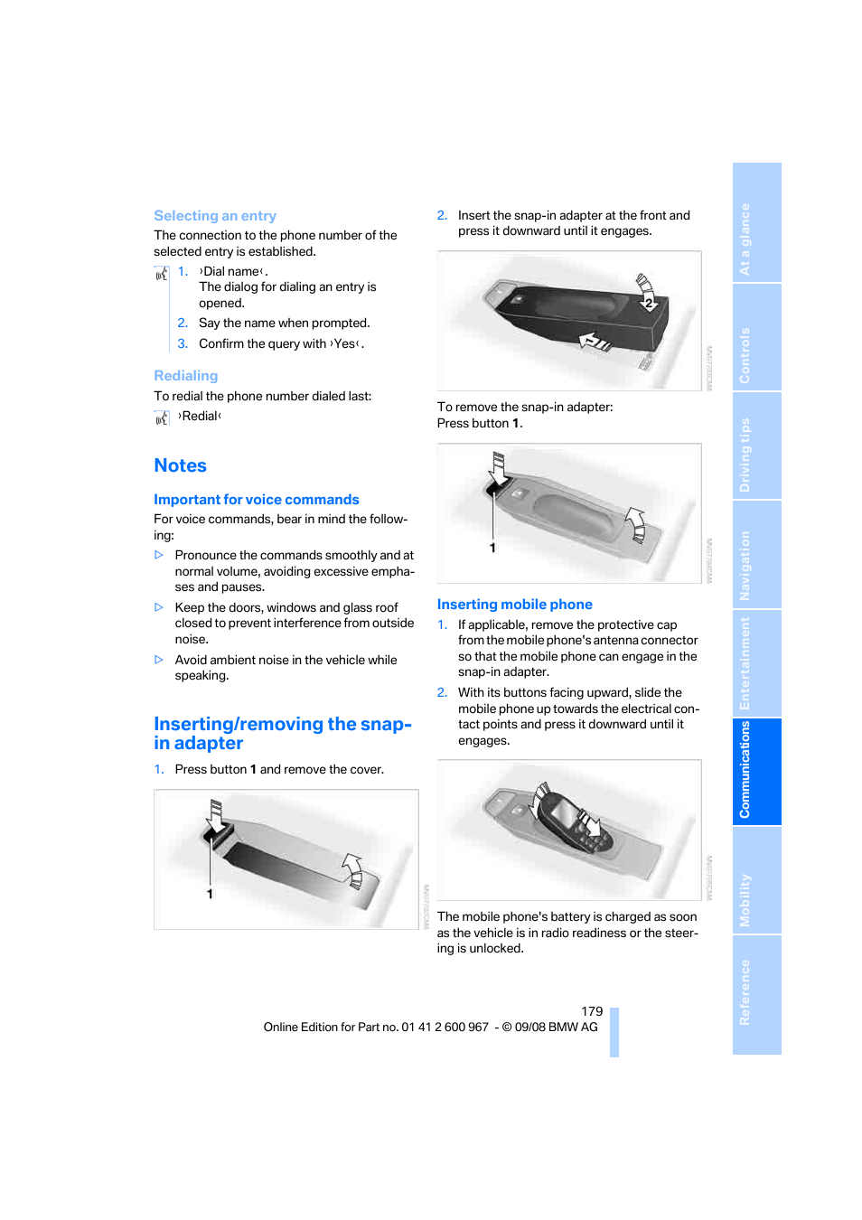 Notes, Inserting/removing the snap- in adapter | BMW 335i Convertible 2009 User Manual | Page 181 / 260