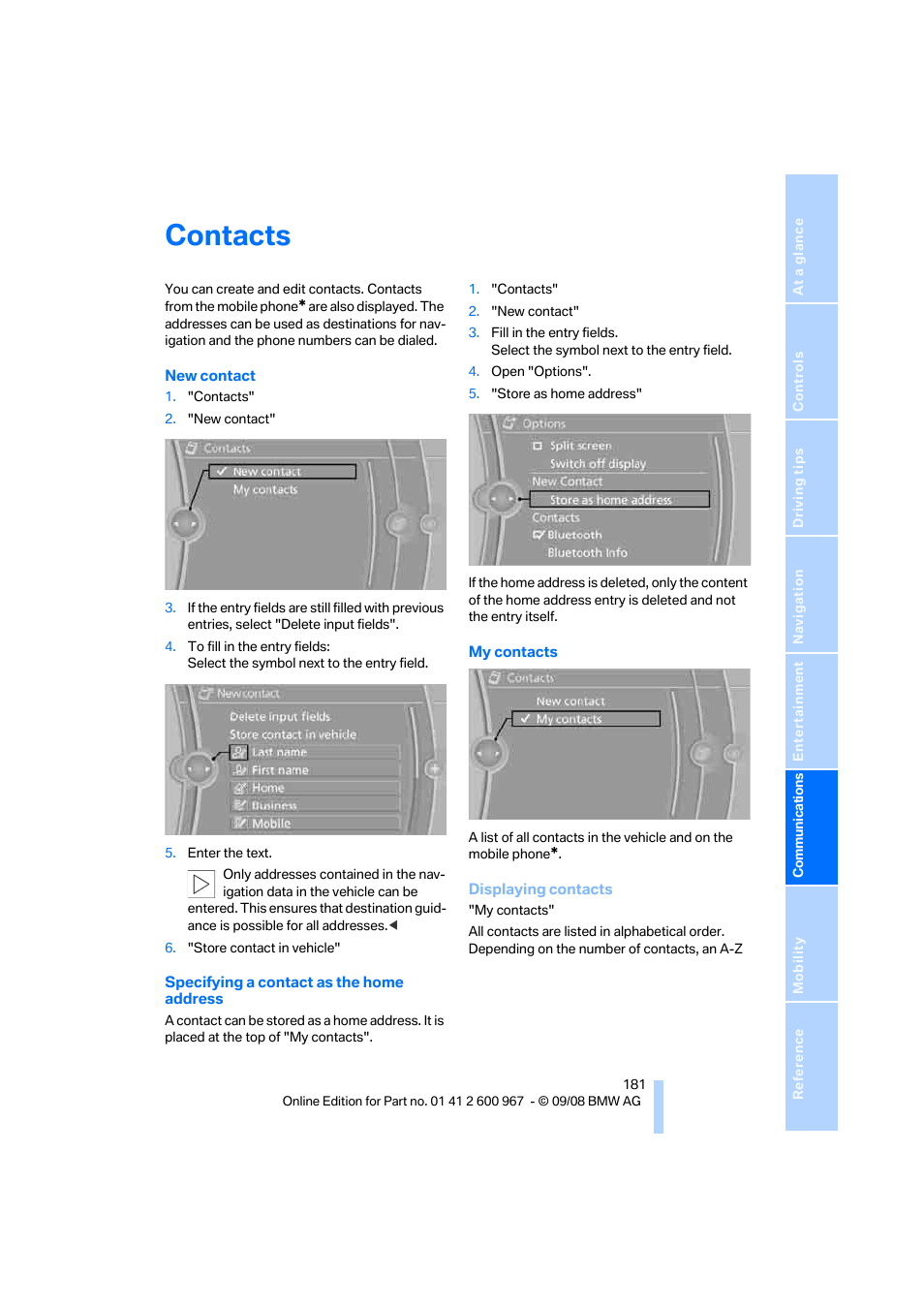 Contacts | BMW 335i Convertible 2009 User Manual | Page 183 / 260