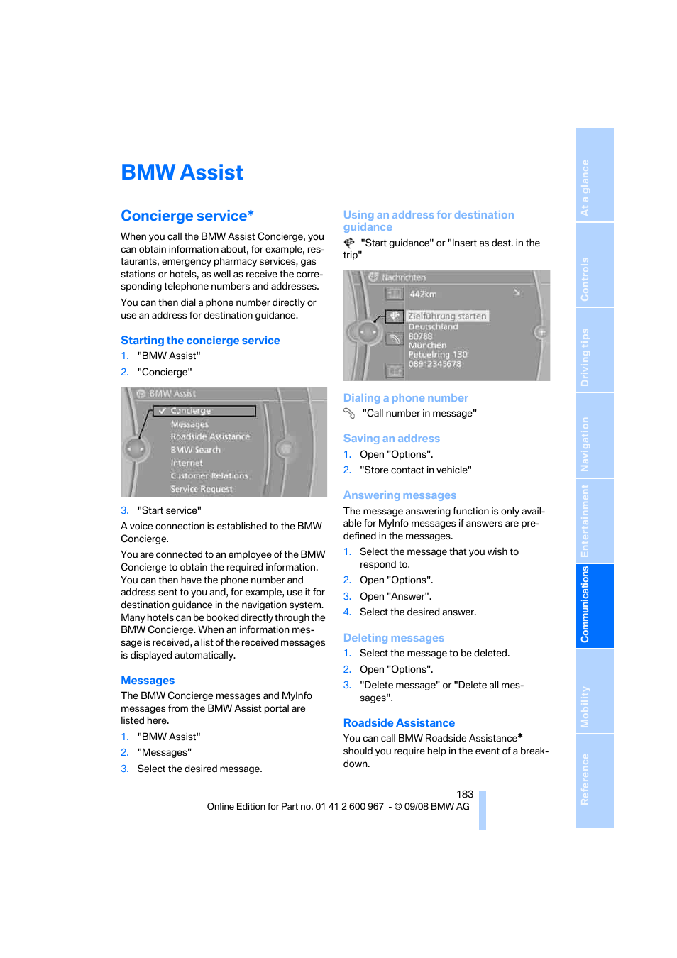 Bmw assist, Concierge service | BMW 335i Convertible 2009 User Manual | Page 185 / 260