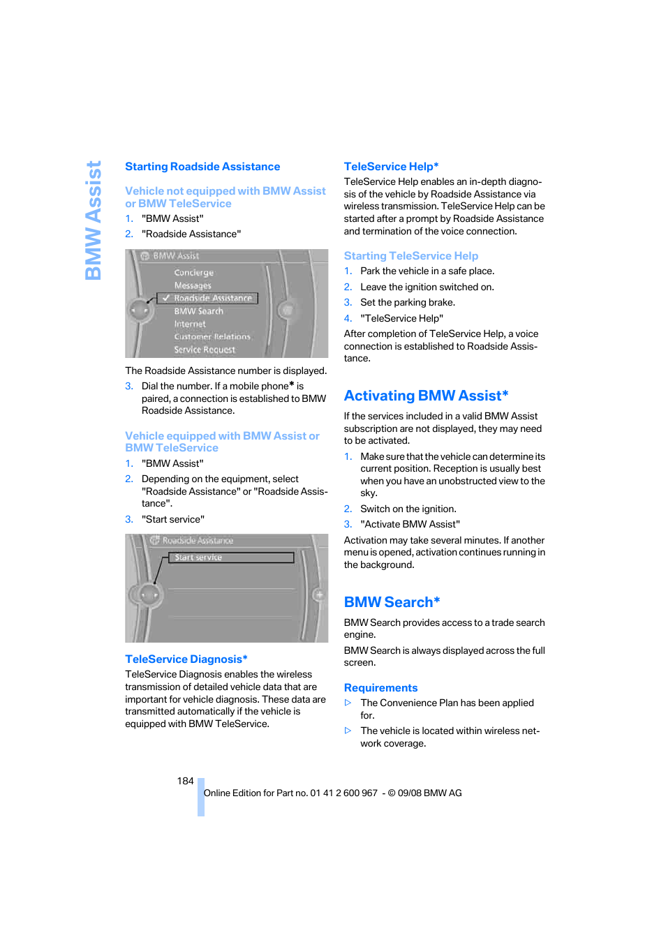 Activating bmw assist, Bmw search, Bmw assist | BMW 335i Convertible 2009 User Manual | Page 186 / 260