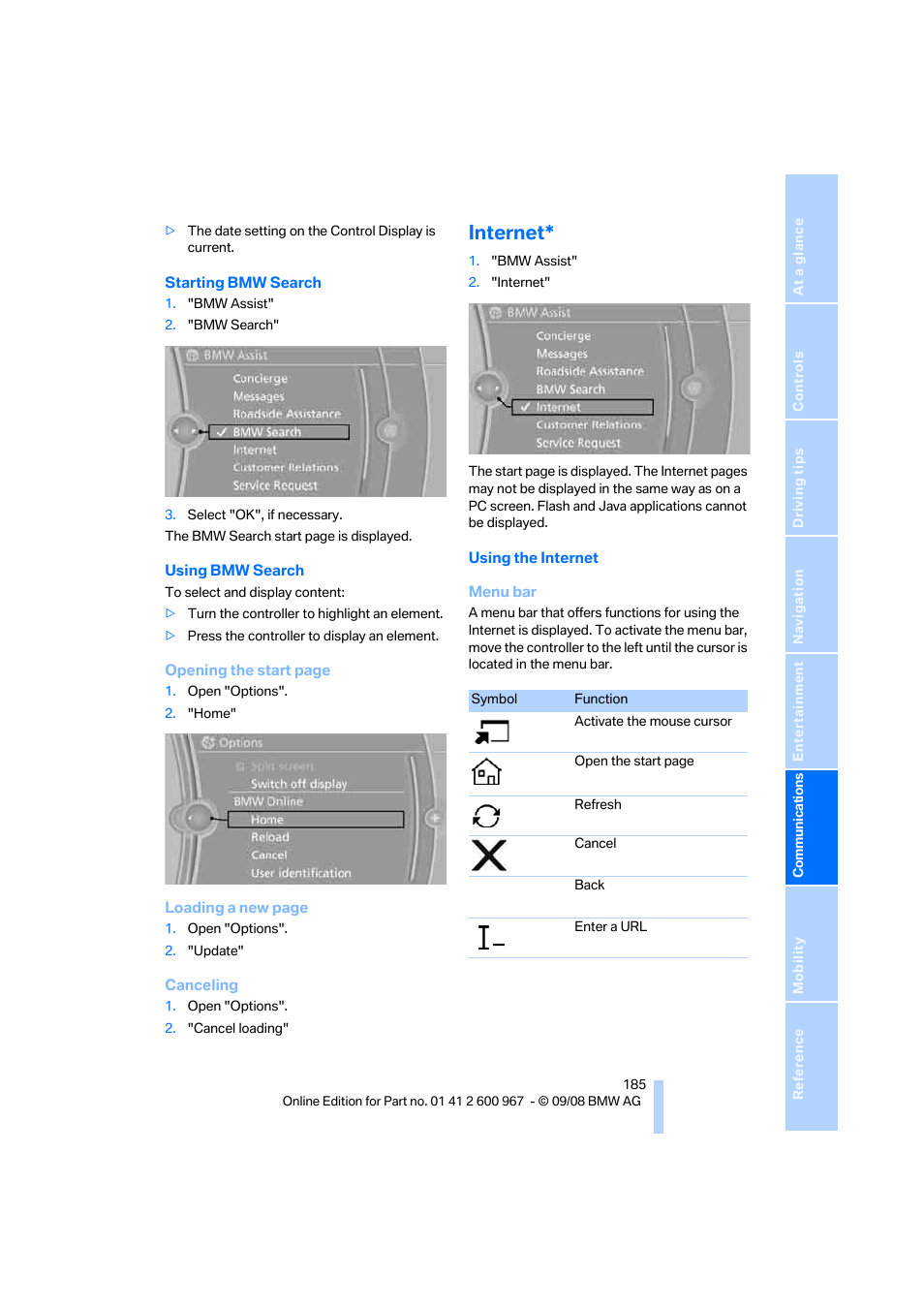 Internet | BMW 335i Convertible 2009 User Manual | Page 187 / 260