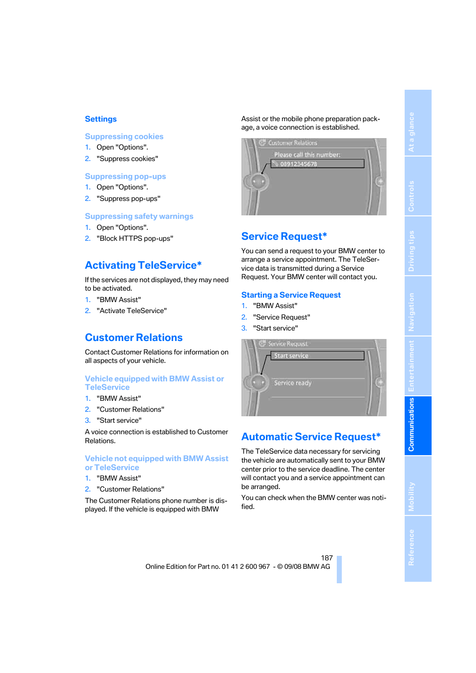 Activating teleservice, Customer relations, Service request | Automatic service request | BMW 335i Convertible 2009 User Manual | Page 189 / 260