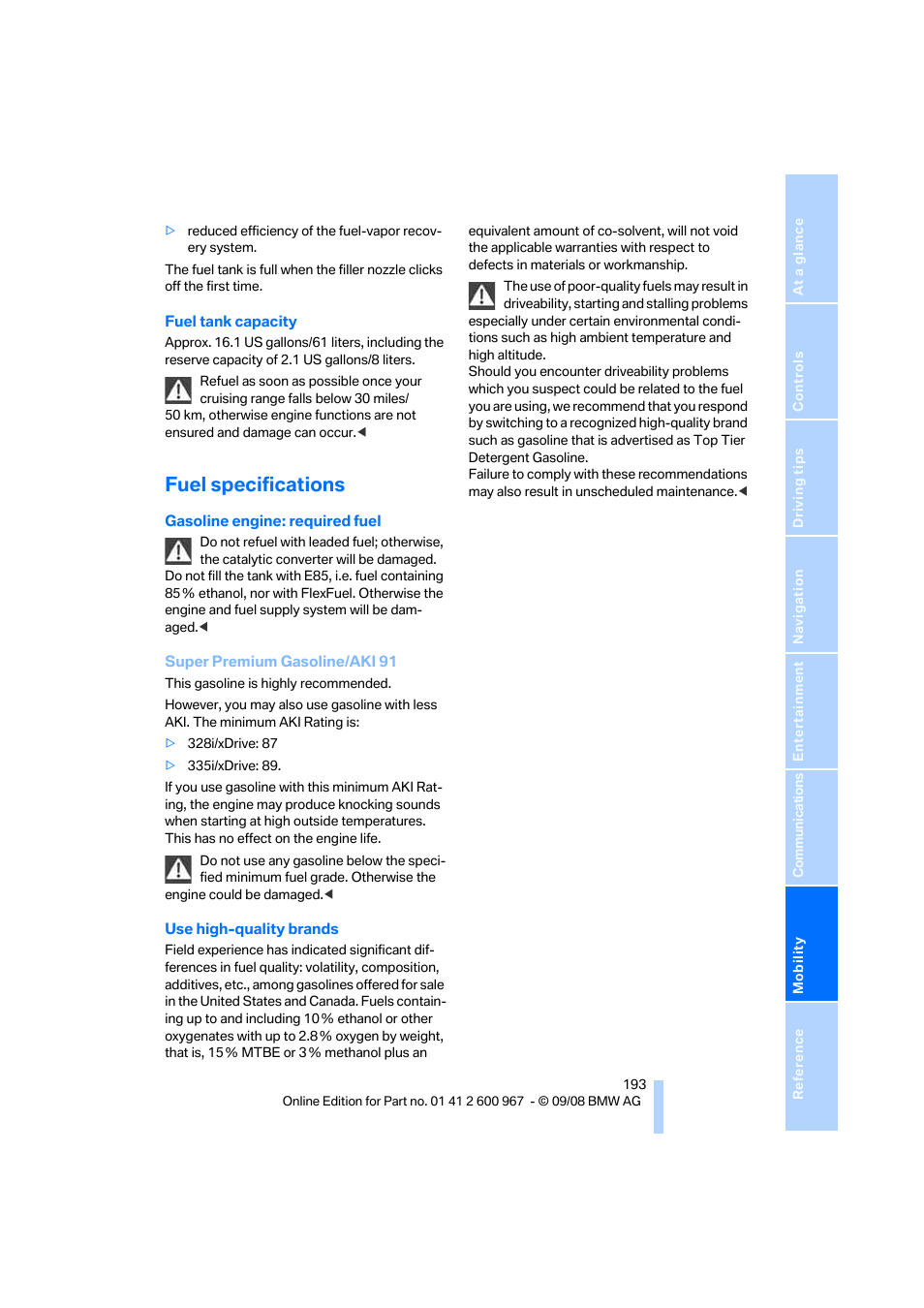 Fuel specifications | BMW 335i Convertible 2009 User Manual | Page 195 / 260