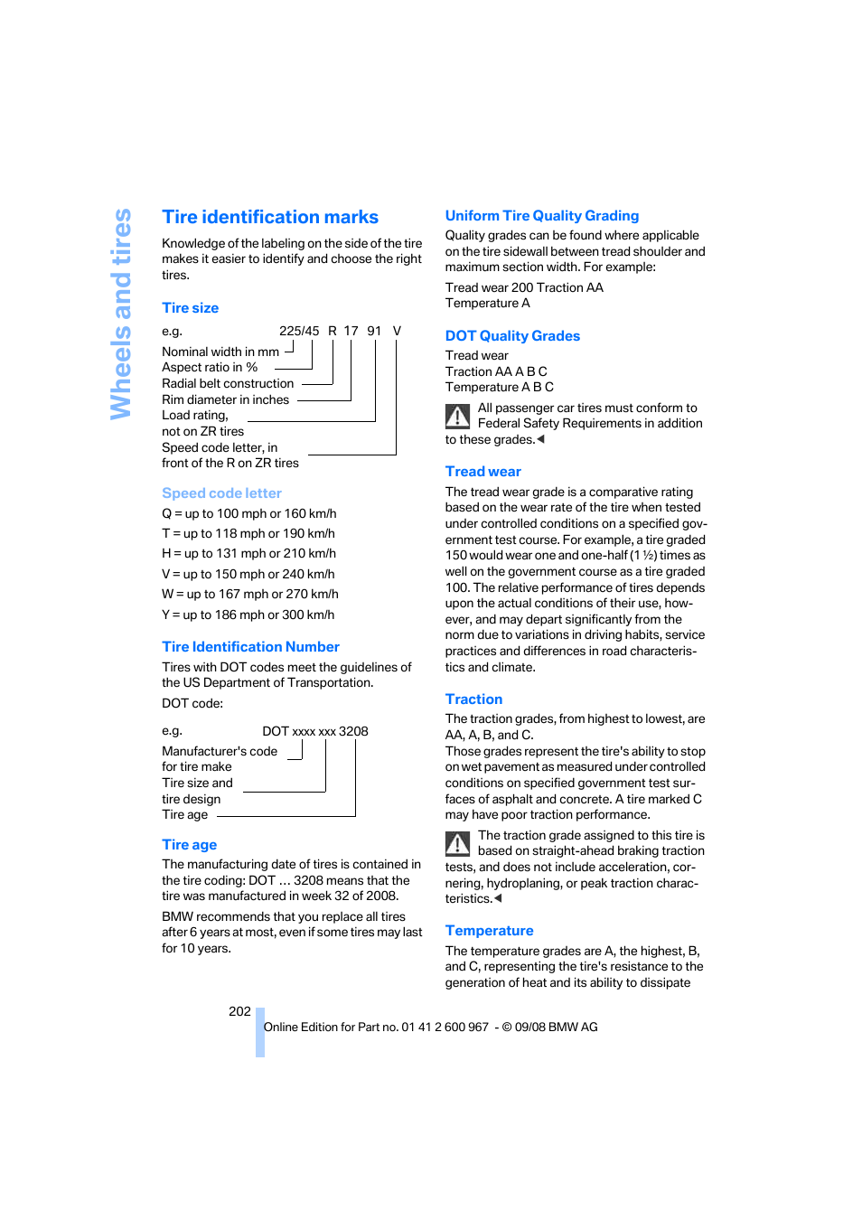 Tire identification marks, Wheels and tires | BMW 335i Convertible 2009 User Manual | Page 204 / 260