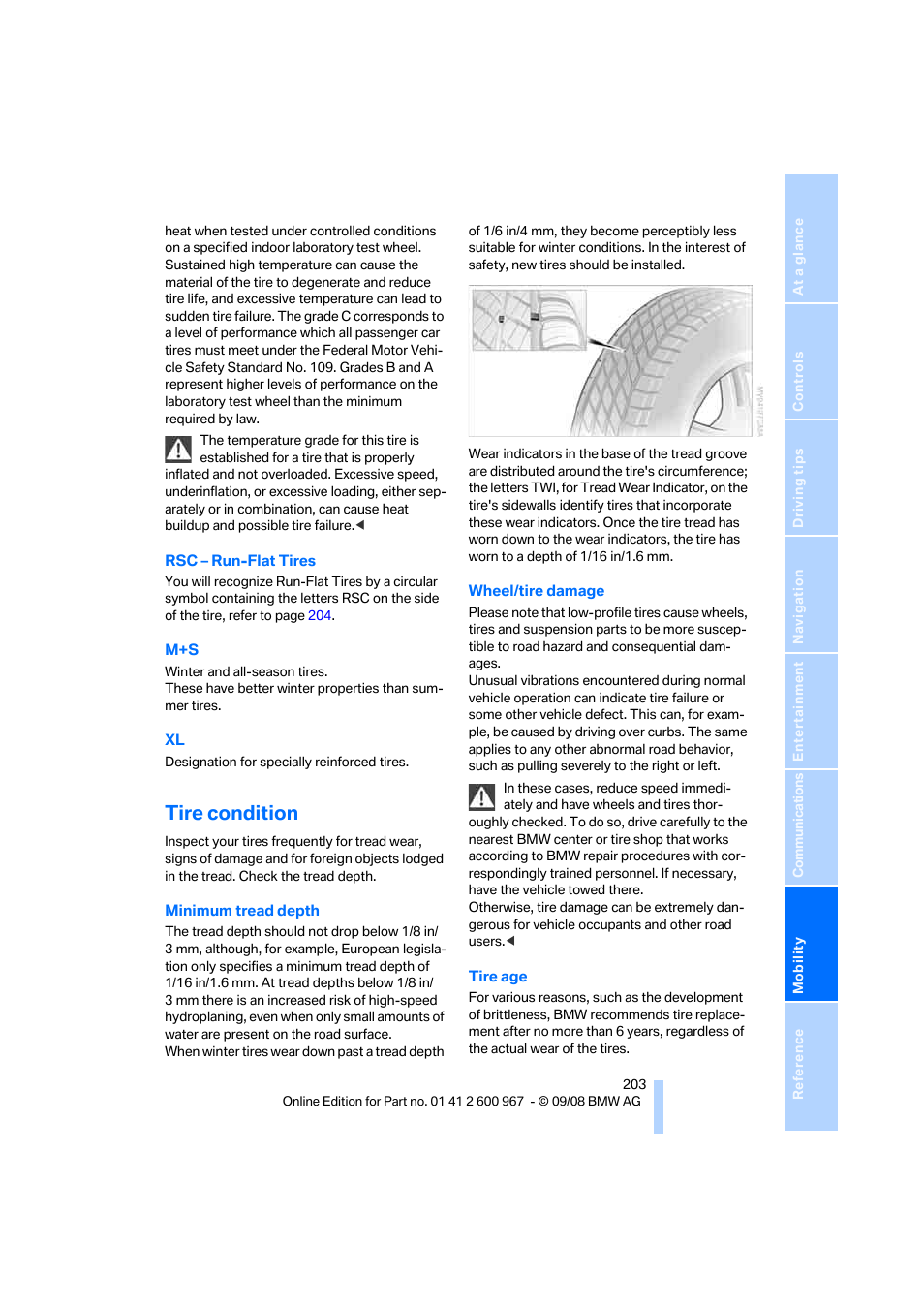 Tire condition | BMW 335i Convertible 2009 User Manual | Page 205 / 260