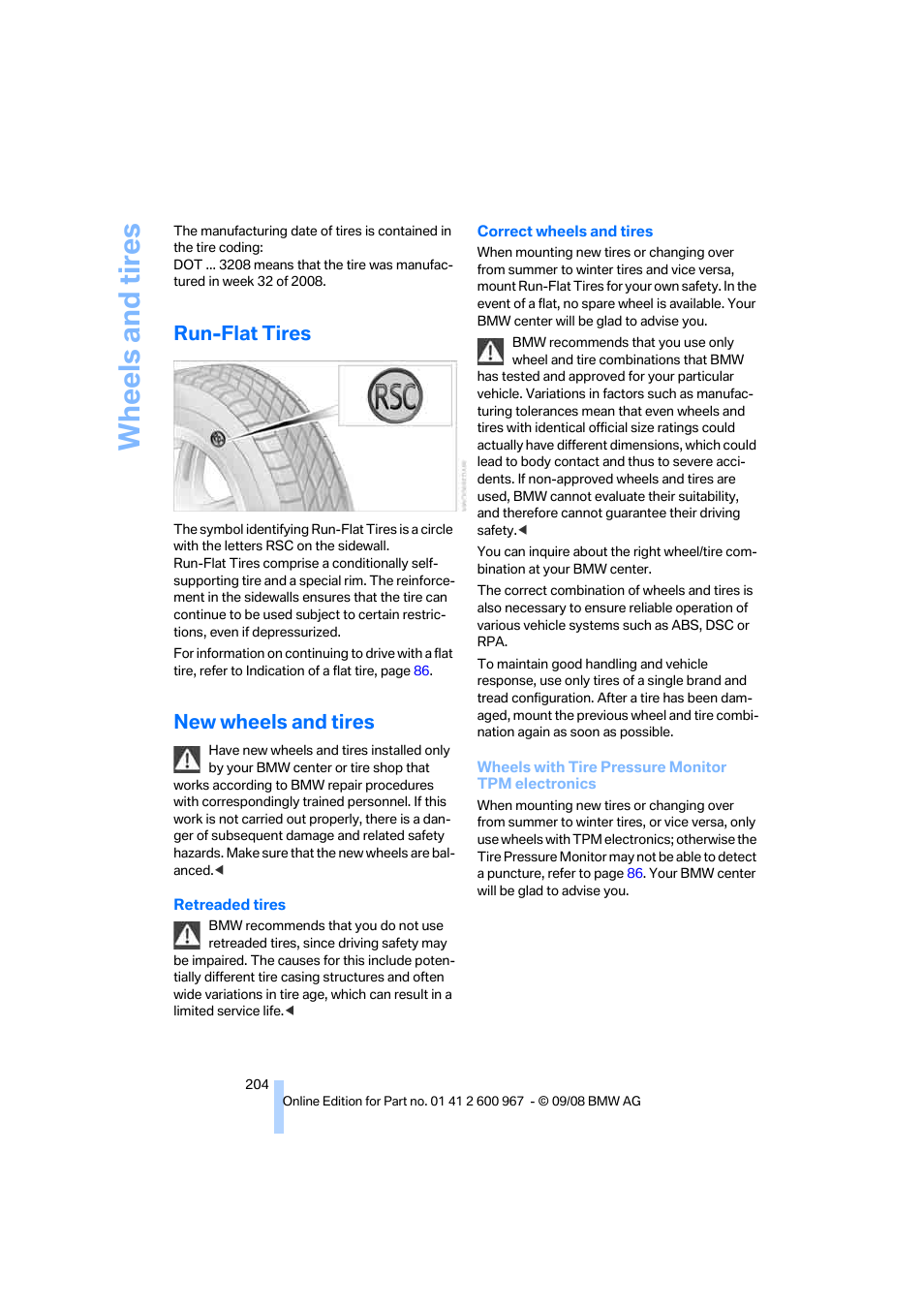 Run-flat tires, New wheels and tires, Wheels and tires | BMW 335i Convertible 2009 User Manual | Page 206 / 260