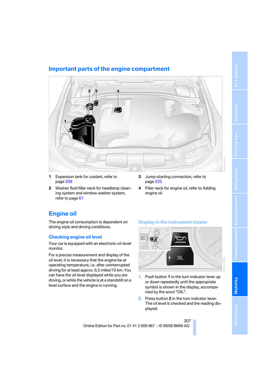 Important parts of the engine compartment, Engine oil | BMW 335i Convertible 2009 User Manual | Page 209 / 260