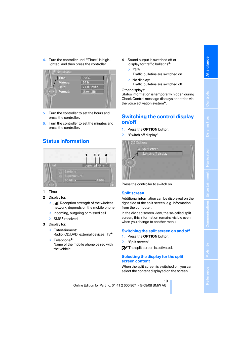 Status information, Switching the control display on/off | BMW 335i Convertible 2009 User Manual | Page 21 / 260