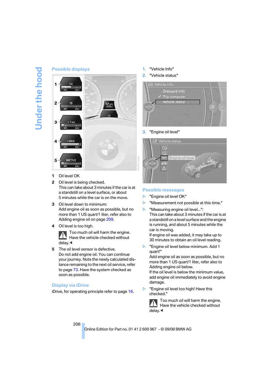 Under the hood | BMW 335i Convertible 2009 User Manual | Page 210 / 260