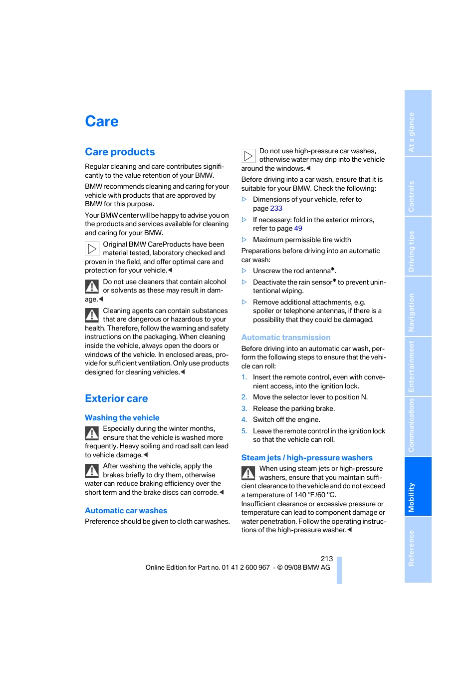 Care, Care products, Exterior care | BMW 335i Convertible 2009 User Manual | Page 215 / 260