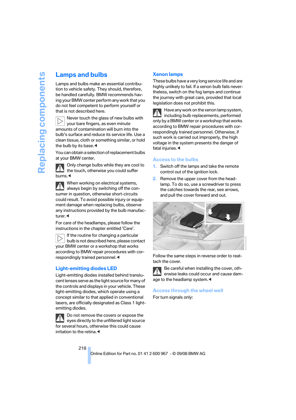 Lamps and bulbs, Replacing components | BMW 335i Convertible 2009 User Manual | Page 220 / 260