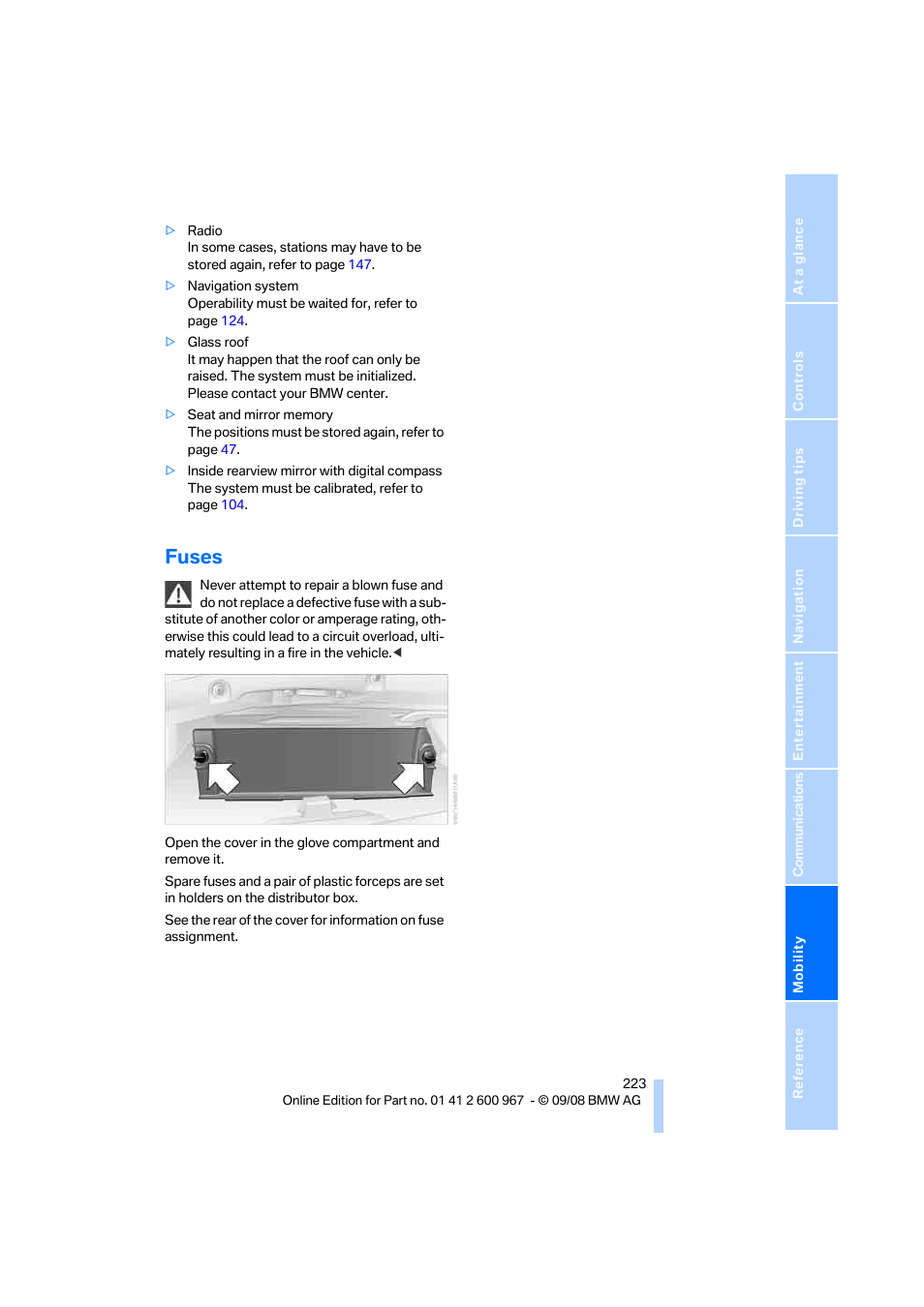 Fuses | BMW 335i Convertible 2009 User Manual | Page 225 / 260