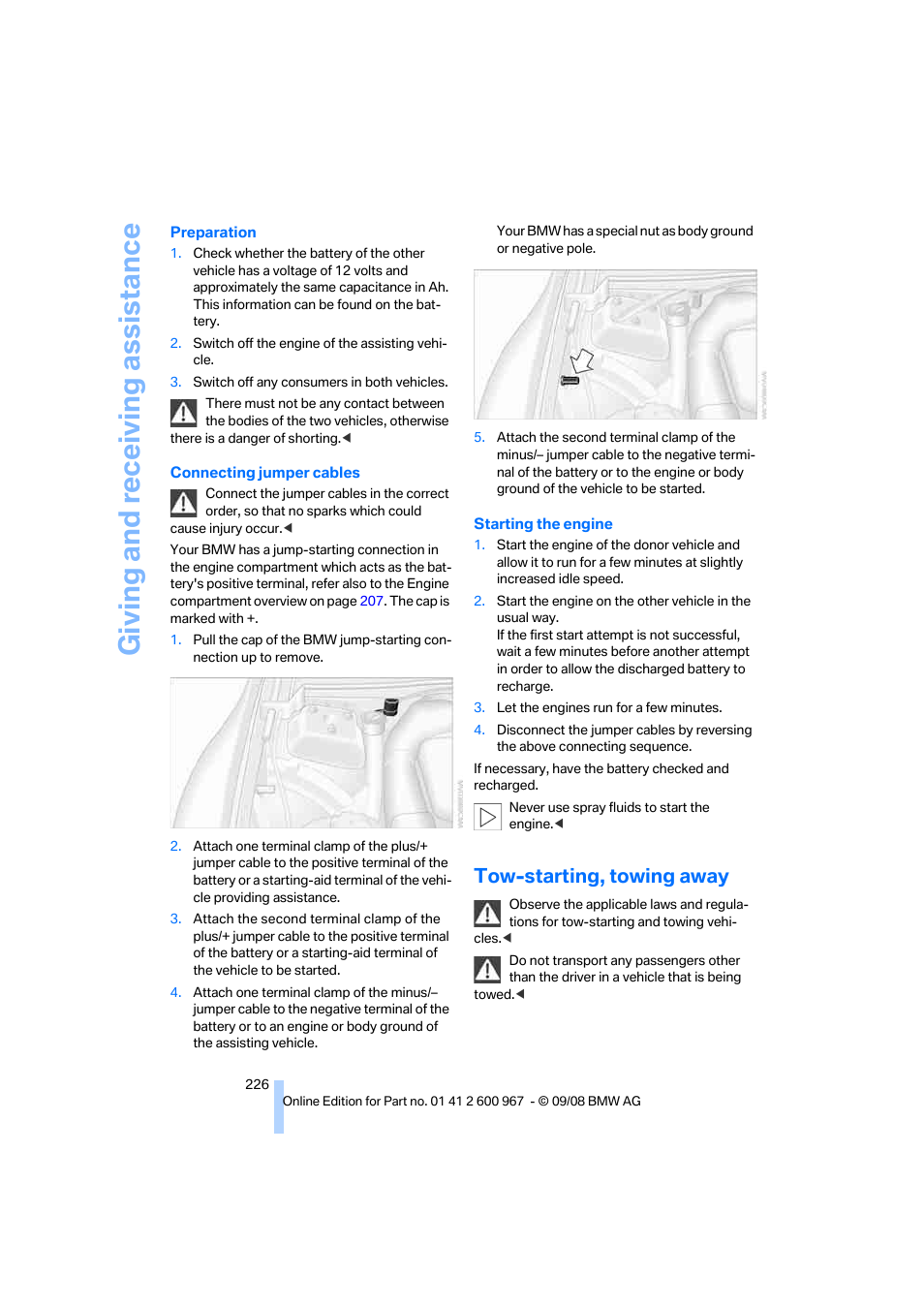 Tow-starting, towing away, Giving and receiving assistance | BMW 335i Convertible 2009 User Manual | Page 228 / 260