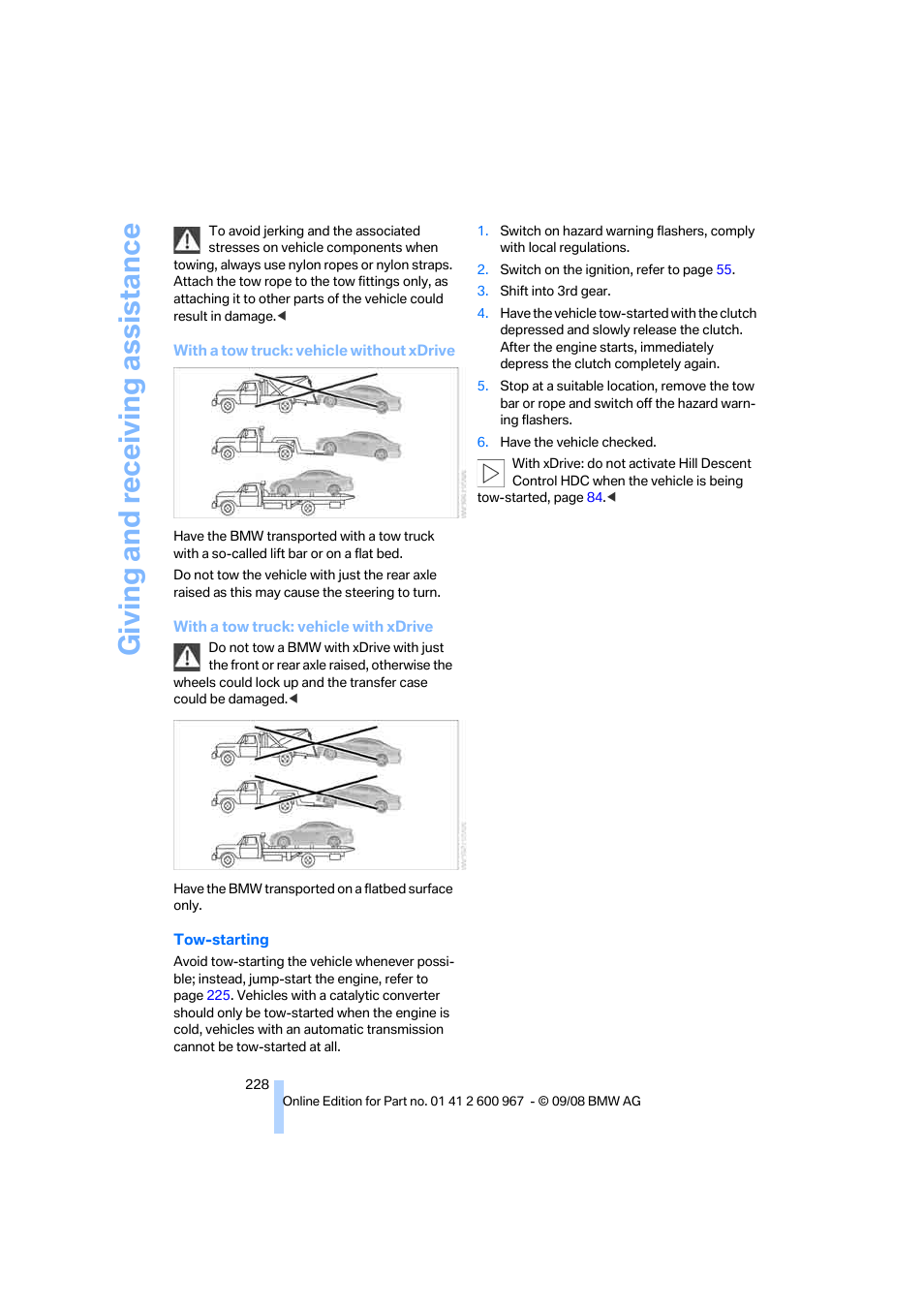 Giving and receiving assistance | BMW 335i Convertible 2009 User Manual | Page 230 / 260