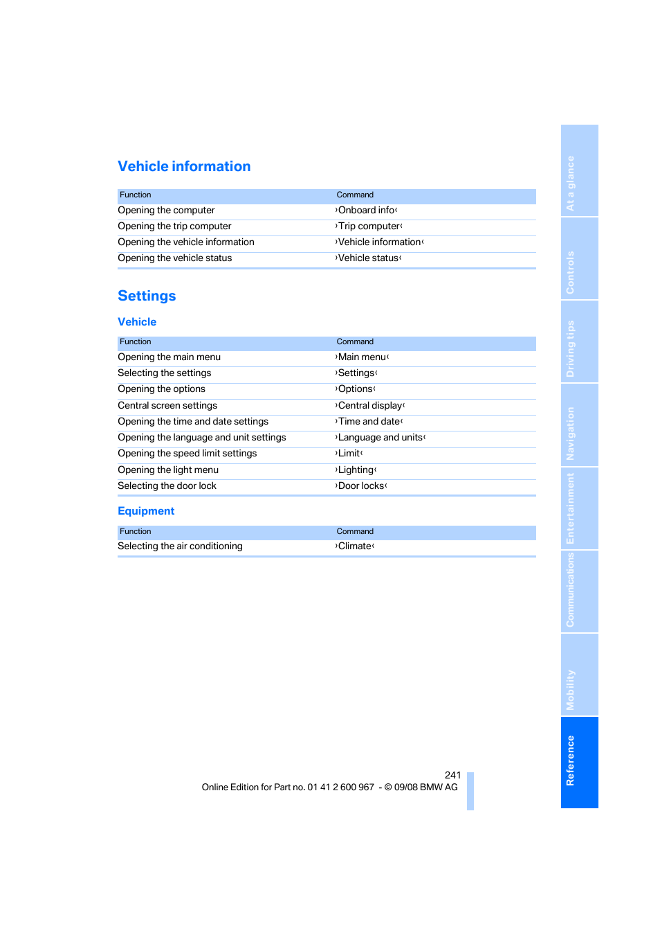 Vehicle information, Settings, Vehicle information settings | BMW 335i Convertible 2009 User Manual | Page 243 / 260