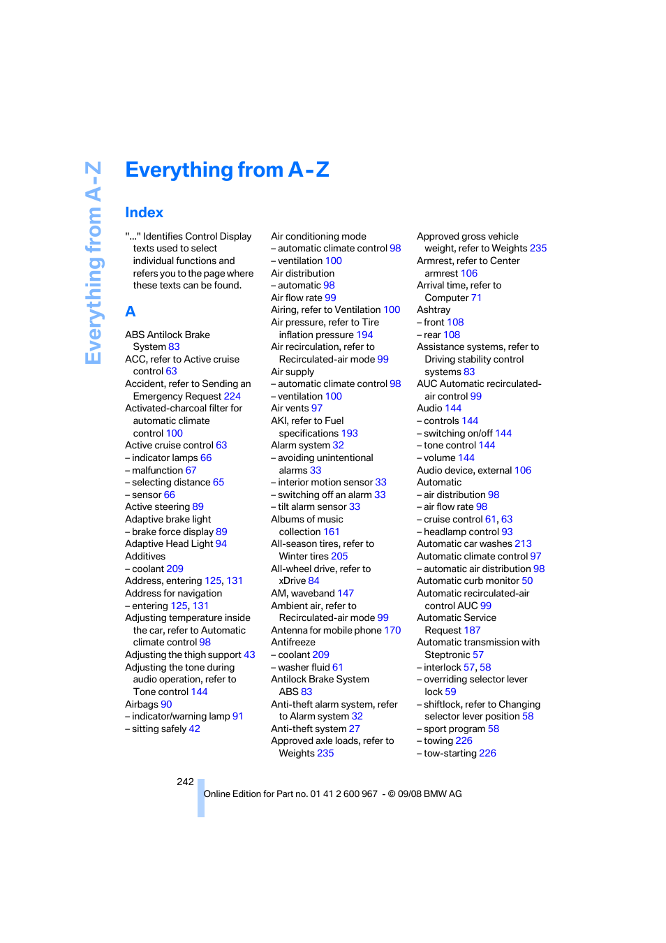 Everything from a - z, Index, Everything from a -z | Everything from a-z | BMW 335i Convertible 2009 User Manual | Page 244 / 260