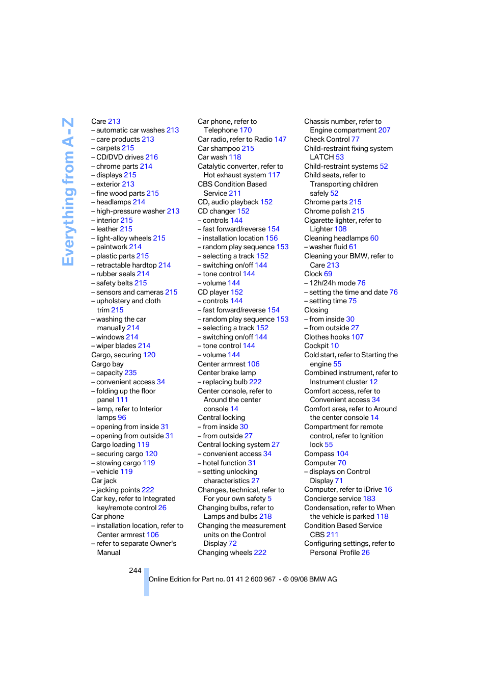 Everything from a -z | BMW 335i Convertible 2009 User Manual | Page 246 / 260