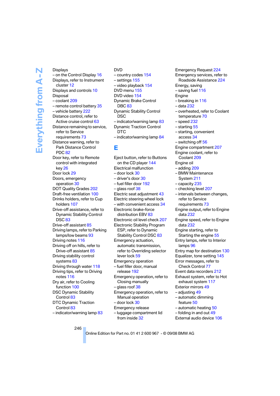 Everything from a -z | BMW 335i Convertible 2009 User Manual | Page 248 / 260