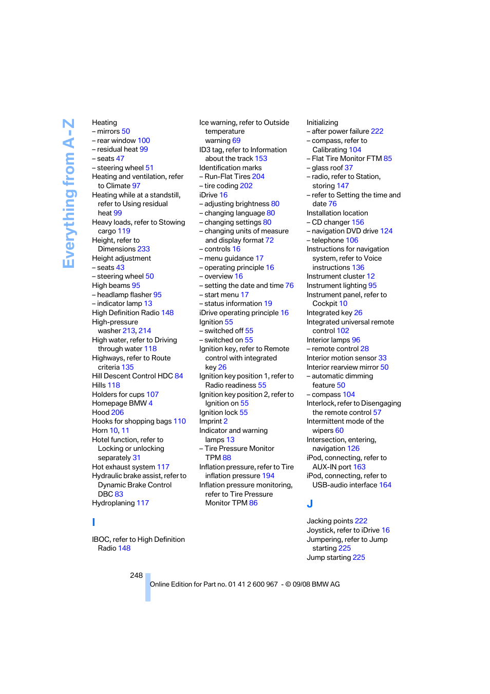 Everything from a -z | BMW 335i Convertible 2009 User Manual | Page 250 / 260