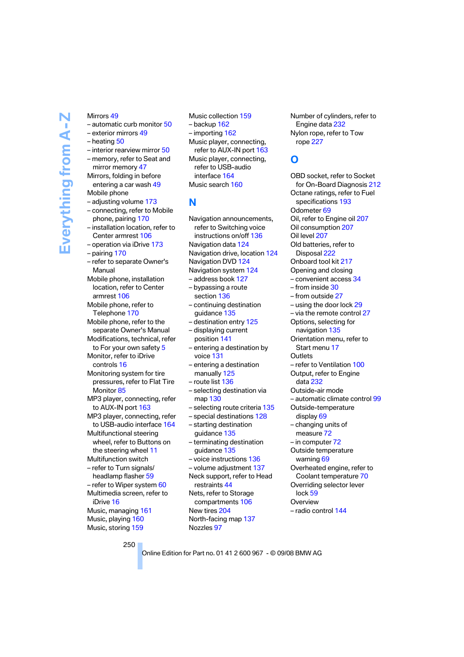 Everything from a -z | BMW 335i Convertible 2009 User Manual | Page 252 / 260