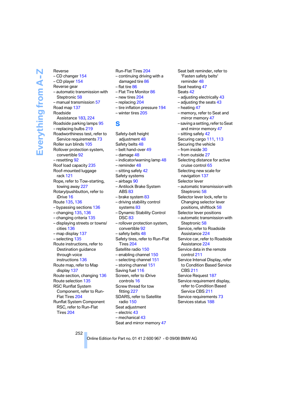 Everything from a -z | BMW 335i Convertible 2009 User Manual | Page 254 / 260