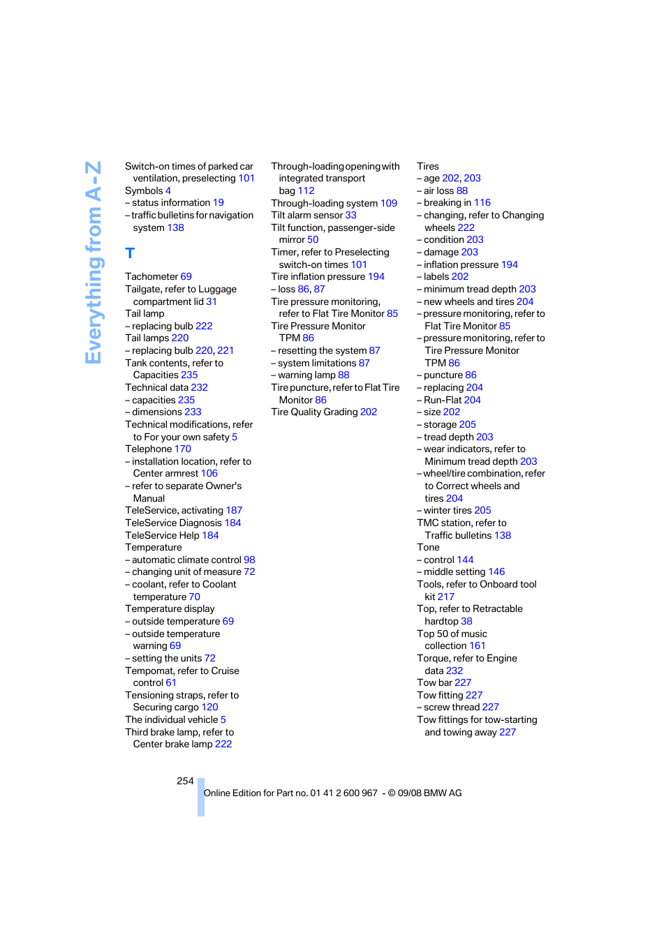 Everything from a -z | BMW 335i Convertible 2009 User Manual | Page 256 / 260