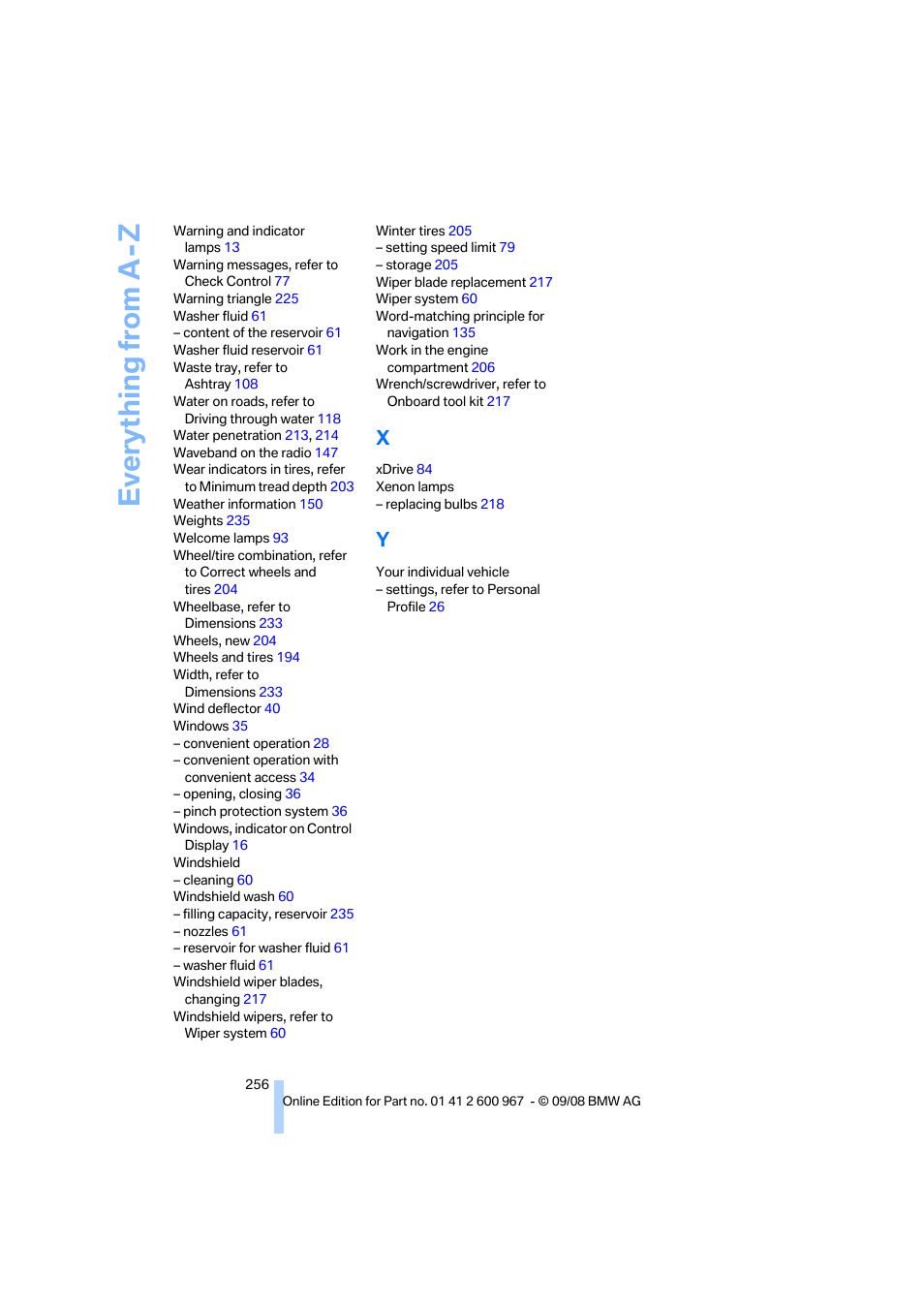 Everything from a -z | BMW 335i Convertible 2009 User Manual | Page 258 / 260