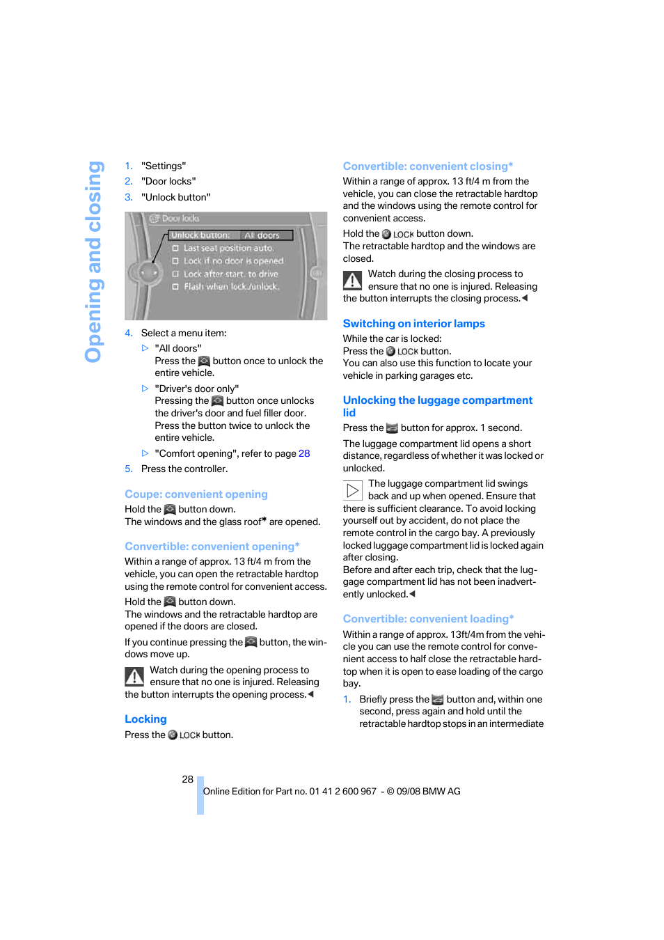 Opening and closing | BMW 335i Convertible 2009 User Manual | Page 30 / 260