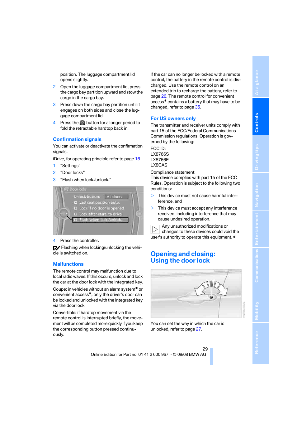 Opening and closing: using the door lock | BMW 335i Convertible 2009 User Manual | Page 31 / 260