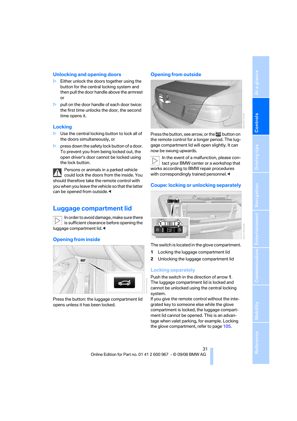 Luggage compartment lid, Ent lid | BMW 335i Convertible 2009 User Manual | Page 33 / 260