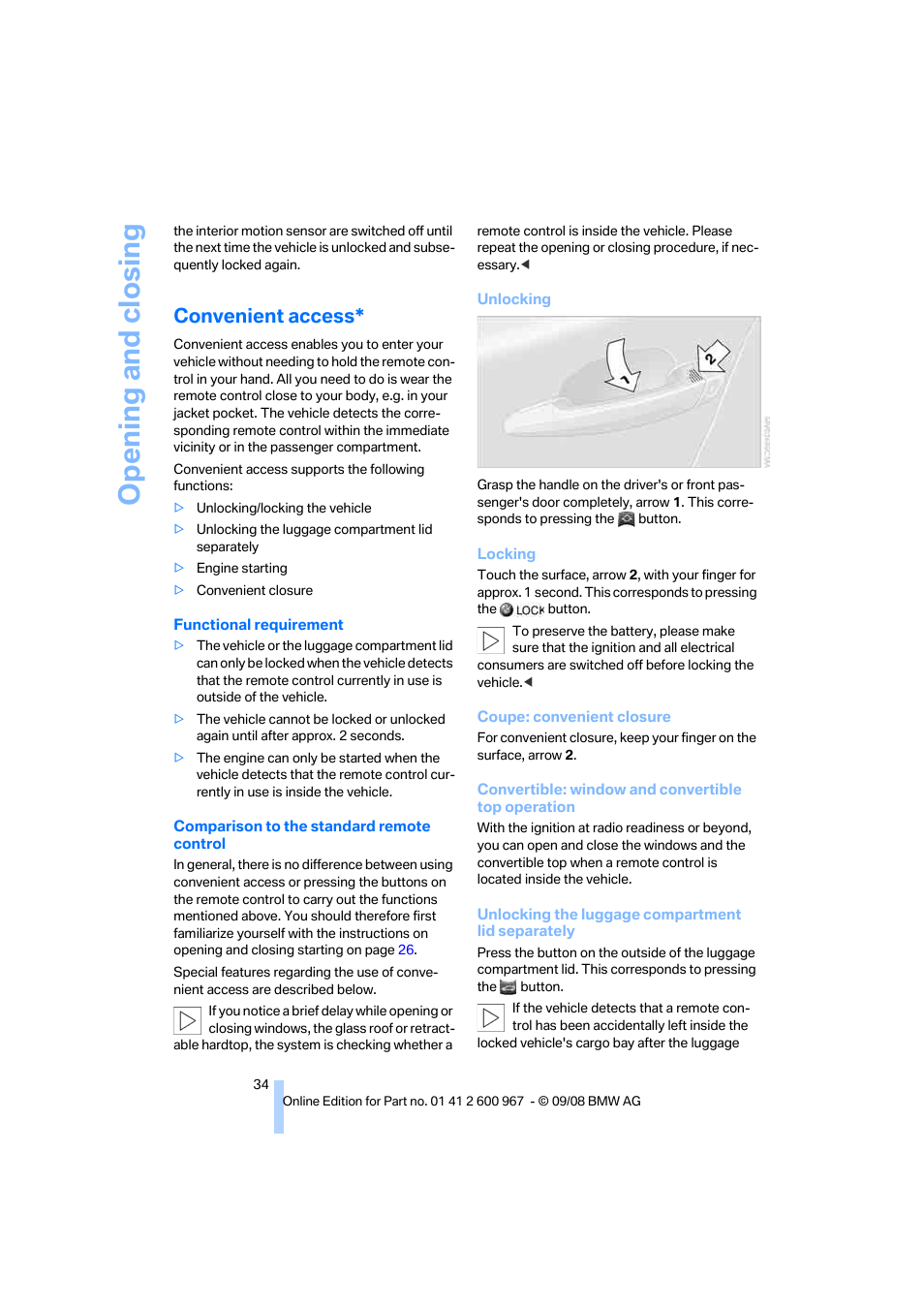 Convenient access, Opening and closing | BMW 335i Convertible 2009 User Manual | Page 36 / 260