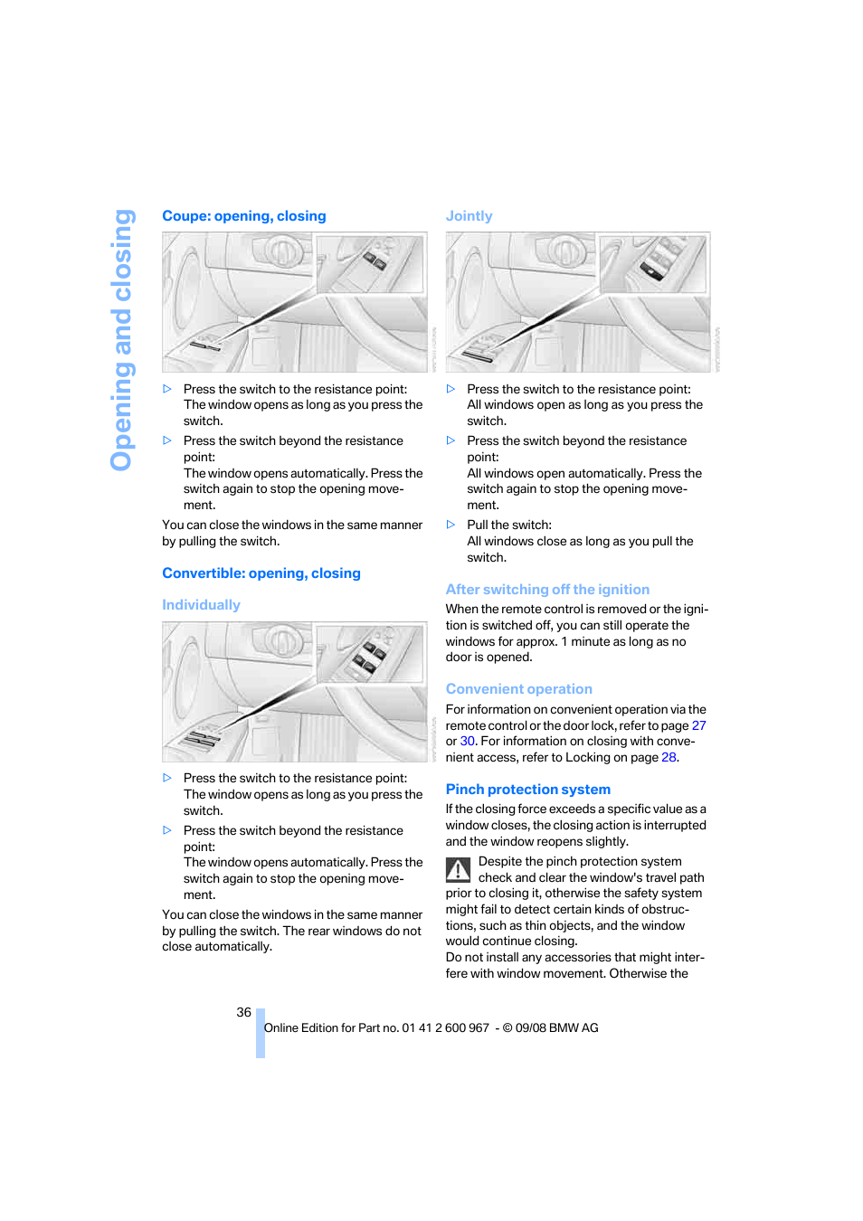 Opening and closing | BMW 335i Convertible 2009 User Manual | Page 38 / 260