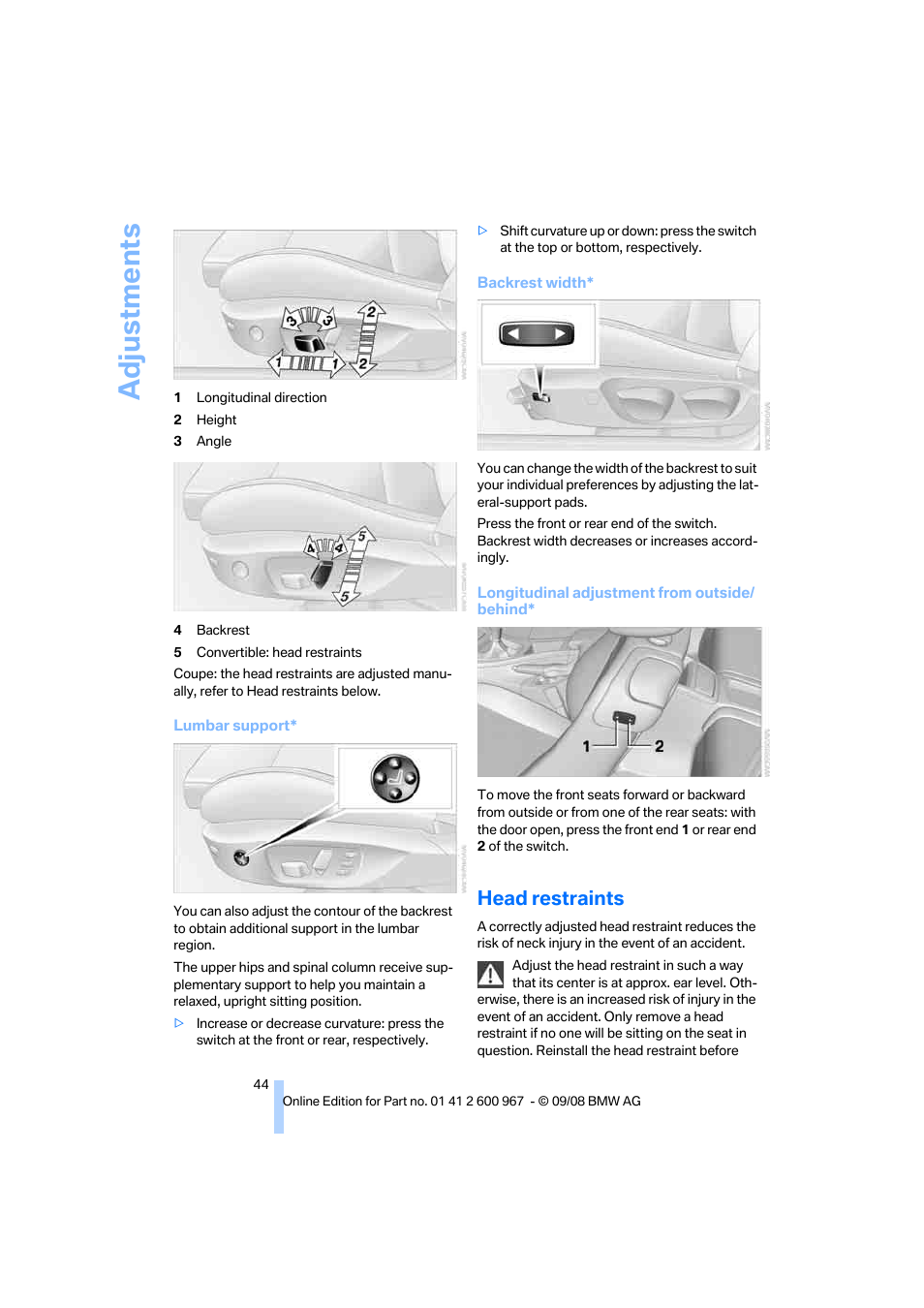 Head restraints, Adjustments | BMW 335i Convertible 2009 User Manual | Page 46 / 260