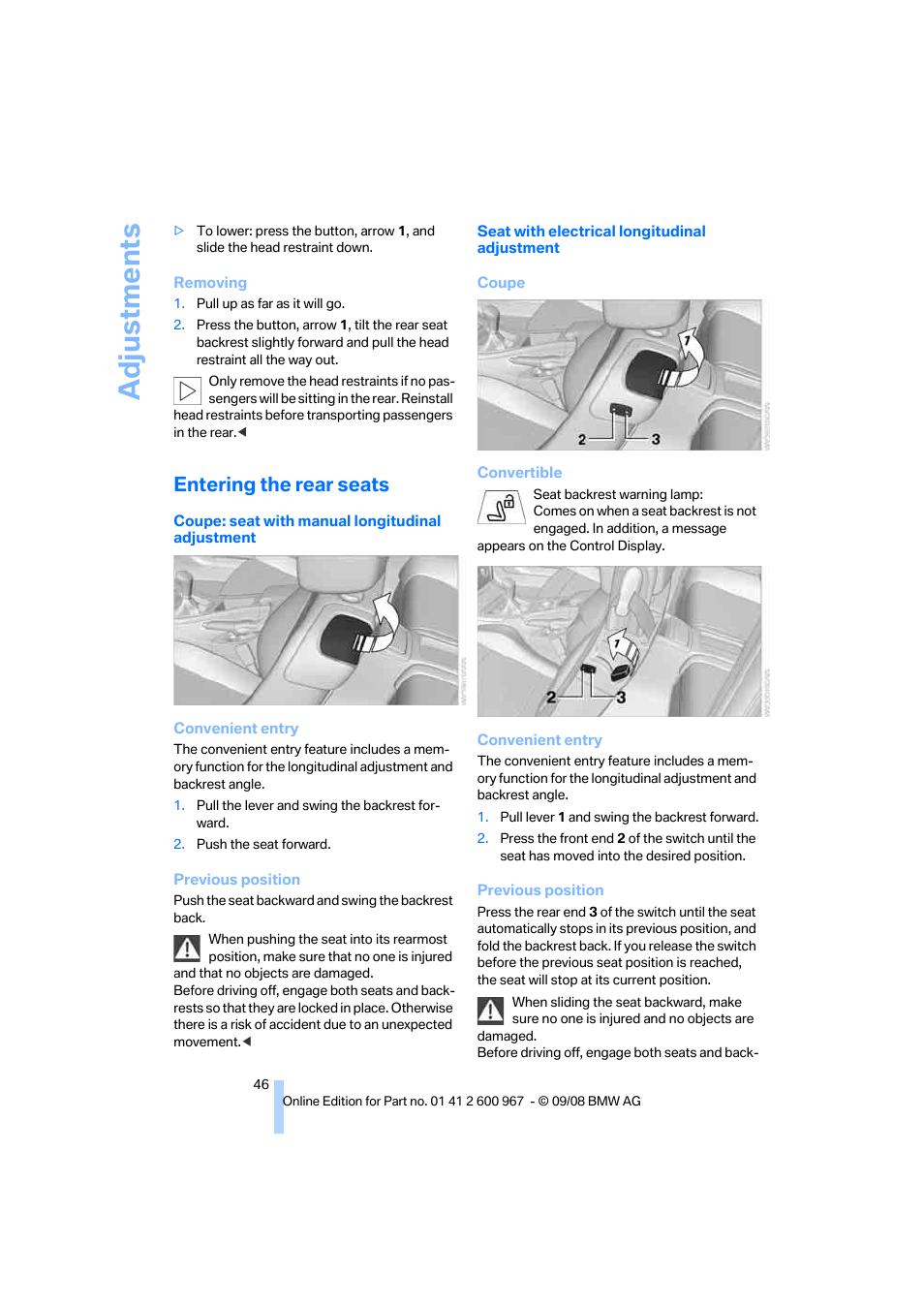 Entering the rear seats, Adjustments | BMW 335i Convertible 2009 User Manual | Page 48 / 260