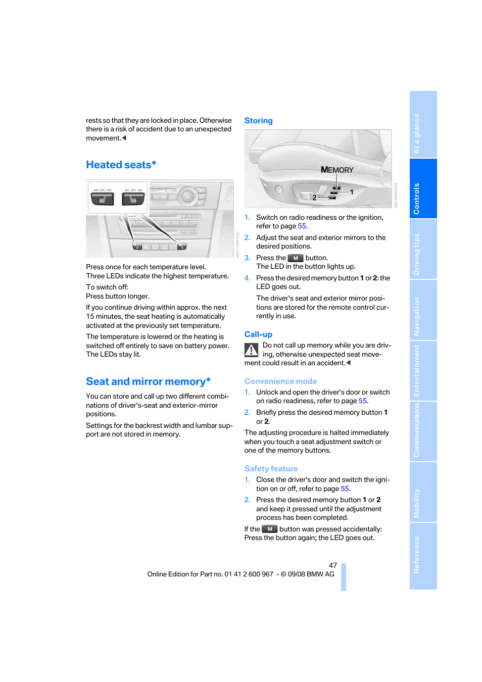 Heated seats, Seat and mirror memory | BMW 335i Convertible 2009 User Manual | Page 49 / 260