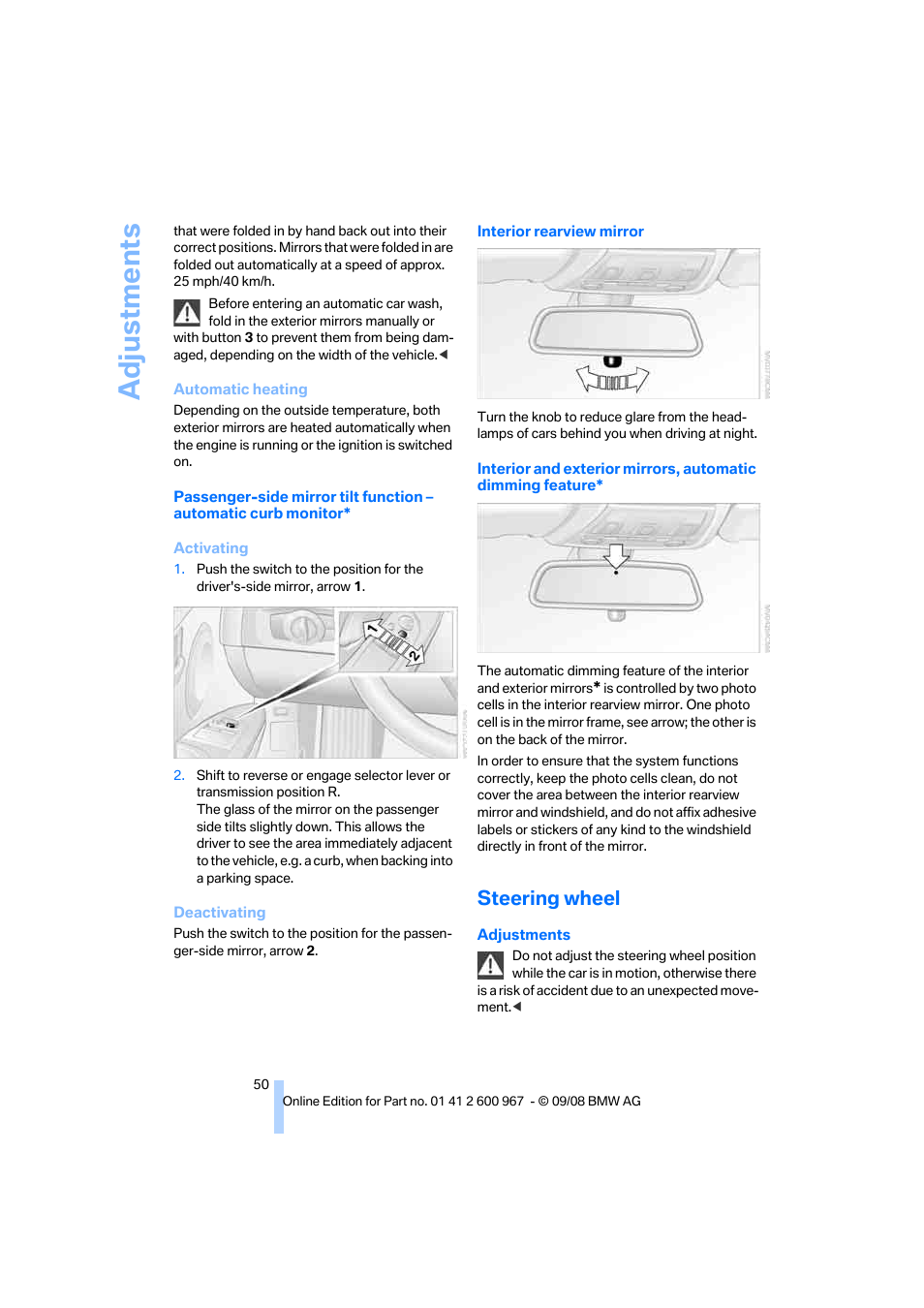 Steering wheel, Adjustments | BMW 335i Convertible 2009 User Manual | Page 52 / 260