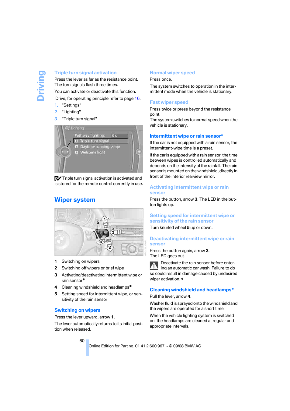 Wiper system, Driving | BMW 335i Convertible 2009 User Manual | Page 62 / 260