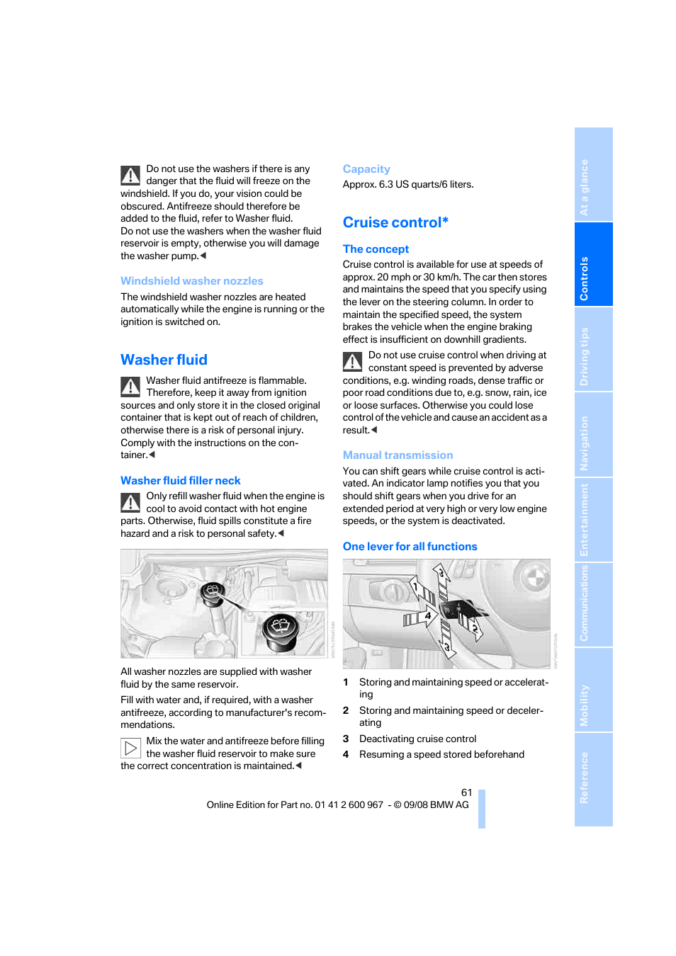 Washer fluid, Cruise control | BMW 335i Convertible 2009 User Manual | Page 63 / 260