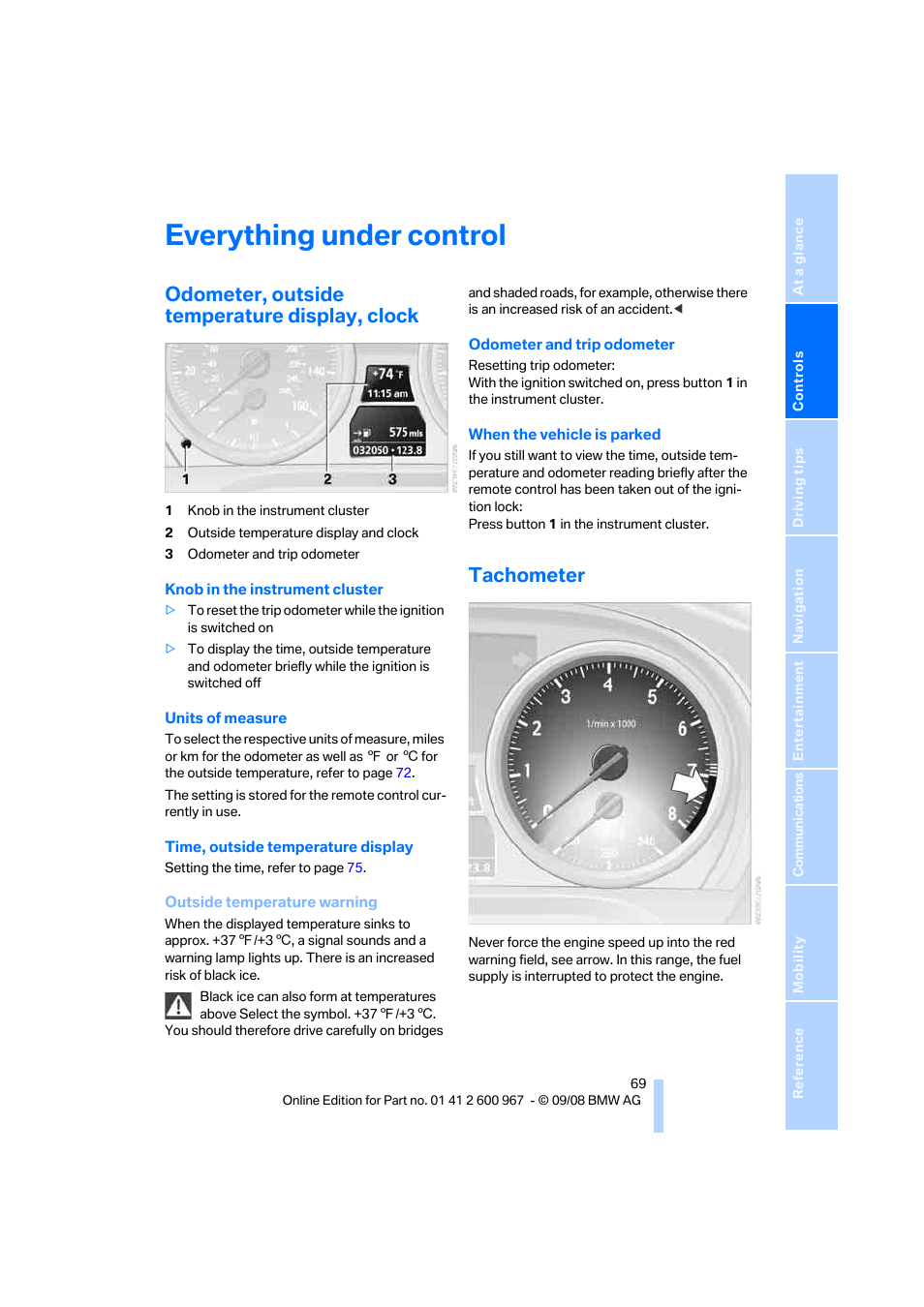 Everything under control, Odometer, outside temperature display, clock, Tachometer | Eter, Clock | BMW 335i Convertible 2009 User Manual | Page 71 / 260