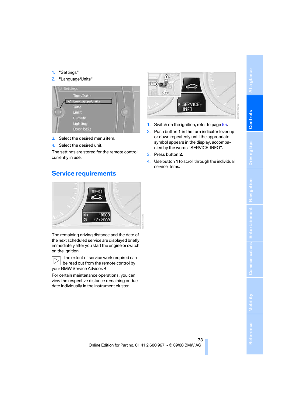 Service requirements, Remaining distance to be driven | BMW 335i Convertible 2009 User Manual | Page 75 / 260